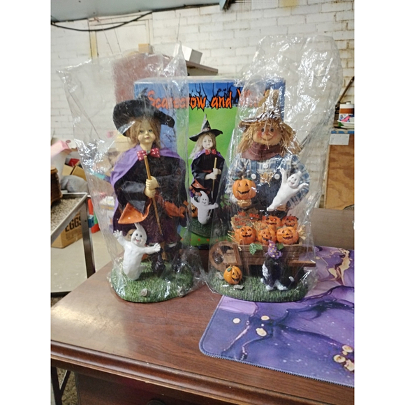 SWC Other - Halloween Scarecrow & Witch 13" Fabric Mache Figurines Pumpkins Ghosts With Box